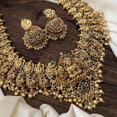 Antique Intricately Designed Lakshmi Neckpiece-Golden Beads-Pearls-G12700