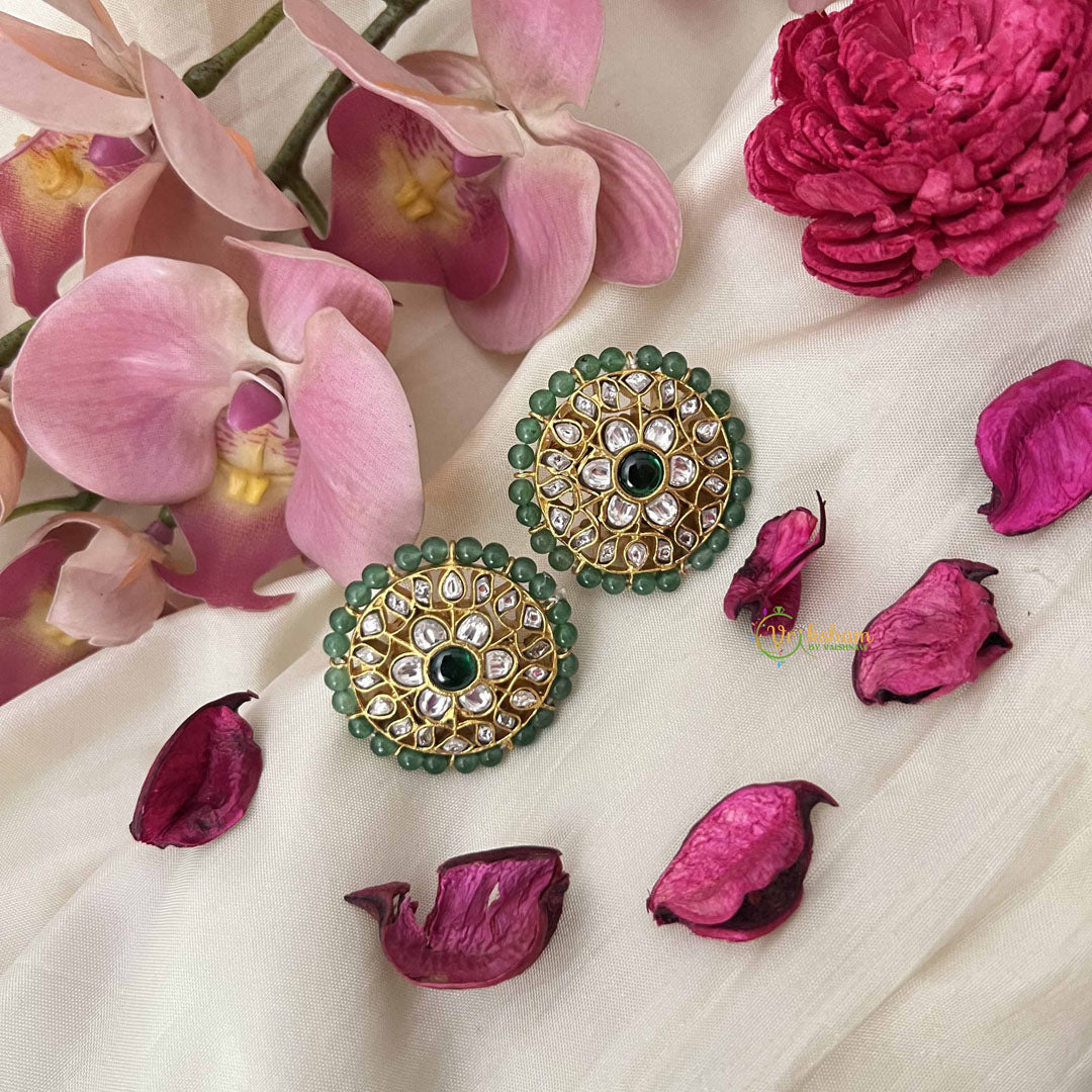 Vriksham Traditional Floral White Kundan Stud Earrings – Emerald Green Accents-J3645