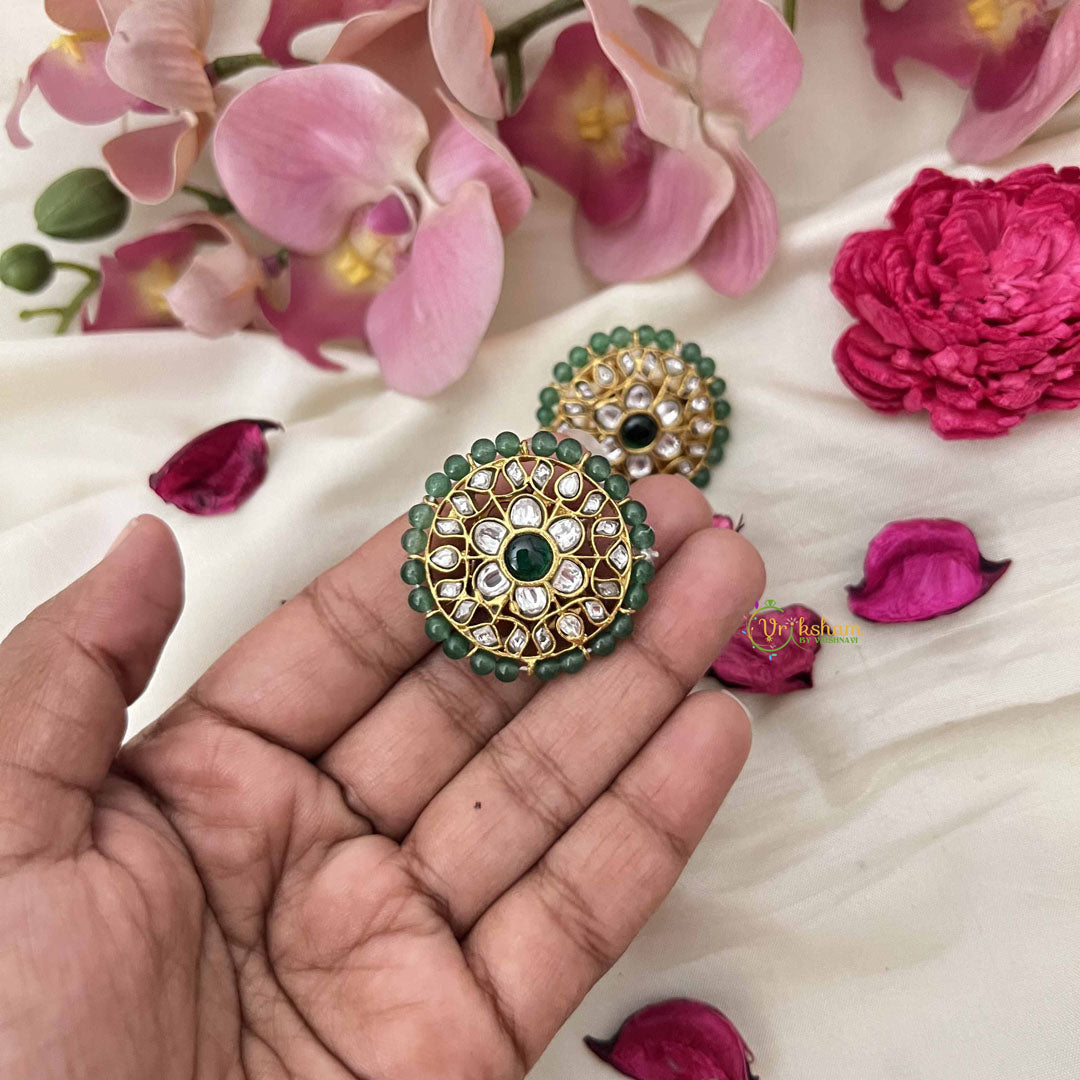 Vriksham Traditional Floral White Kundan Stud Earrings – Emerald Green Accents-J3645