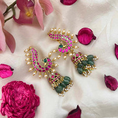 Vriksham Royal Peacock Kundan Jadau Ear Cuff With Jhumka-Pearls Detailing-Green Bead-J4069