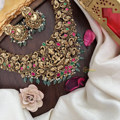 Vriksham Lakshmi with Dual Elephant Peacock Jadau Short Neckpiece-Pastel Green Bead-G17838