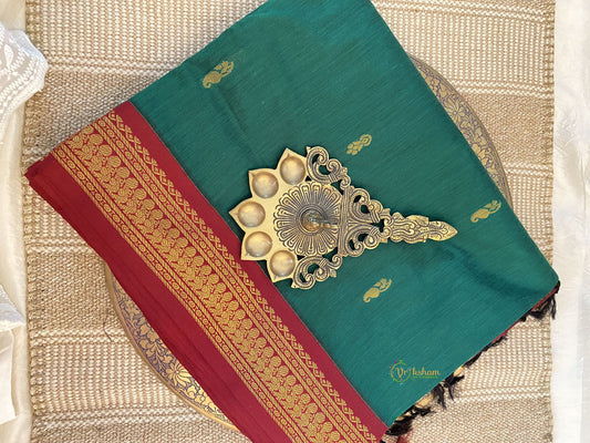 Dark Green With Maroon Border -Kalyani Cotton Saree - VS3733