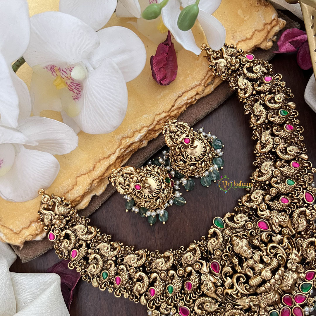 Vriksham Lakshmi with Dual Elephant Peacock Jadau Short Neckpiece-Pastel Green Bead-G17838