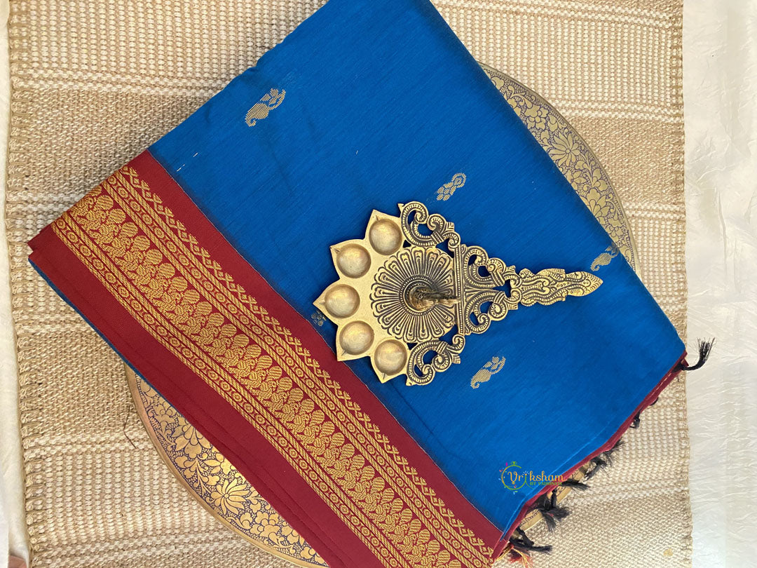 Metallic Blue With Maroon Border - Kalyani Cotton Saree - VS3743