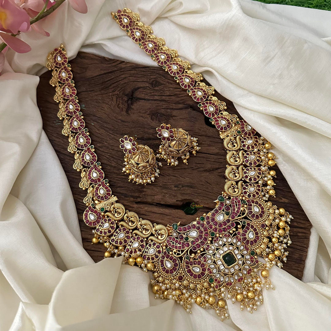 Exquisite Precious AD Stone Long Neckpiece-Gold And Pearl-G12698