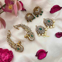 Vriksham Royal Peacock CZ & Emerald Ear Cuff with Matching Earrings With Ear Cuffs-G21427