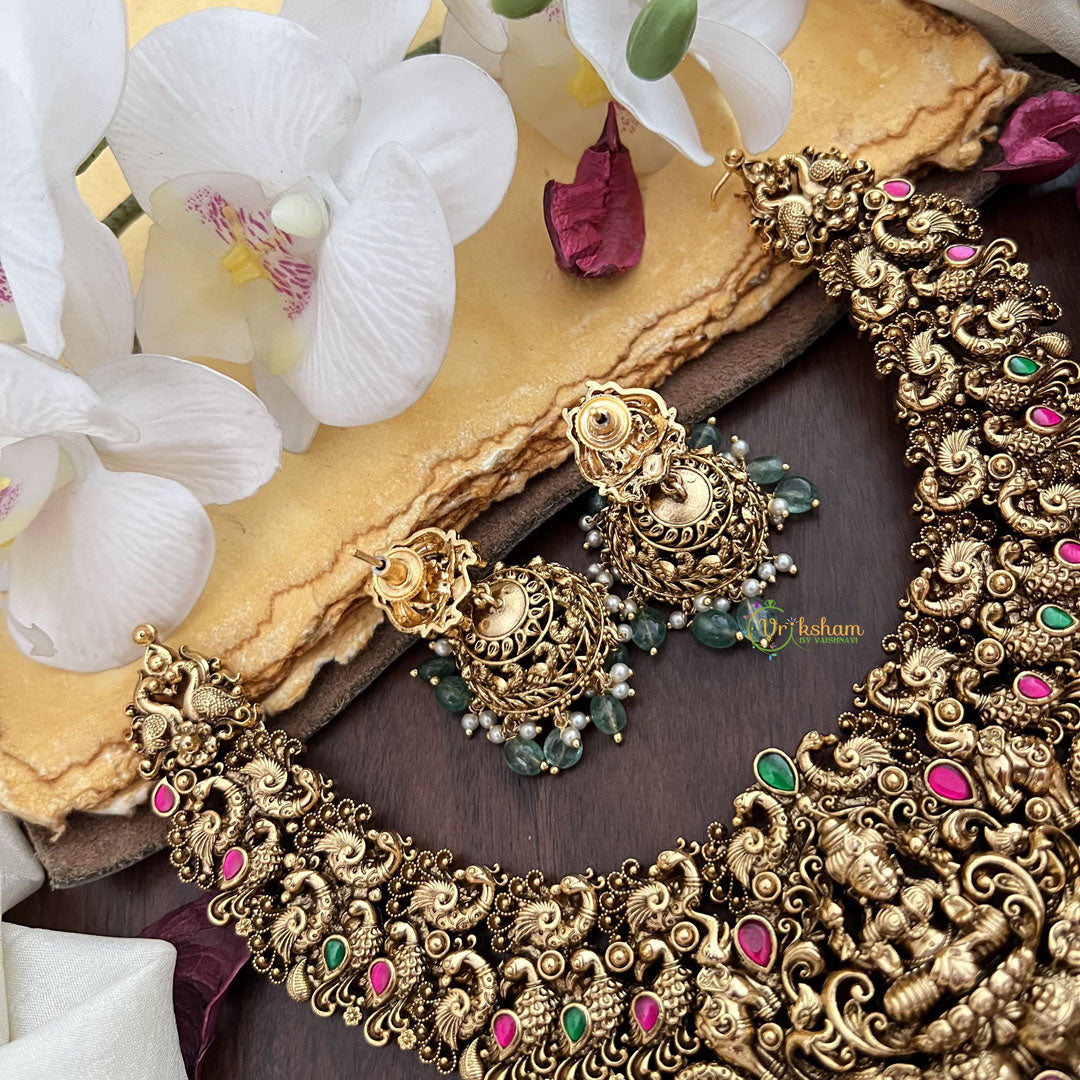 Vriksham Lakshmi with Dual Elephant Peacock Jadau Short Neckpiece-Pastel Green Bead-G17838