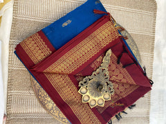 Metallic Blue With Maroon Border - Kalyani Cotton Saree - VS3743