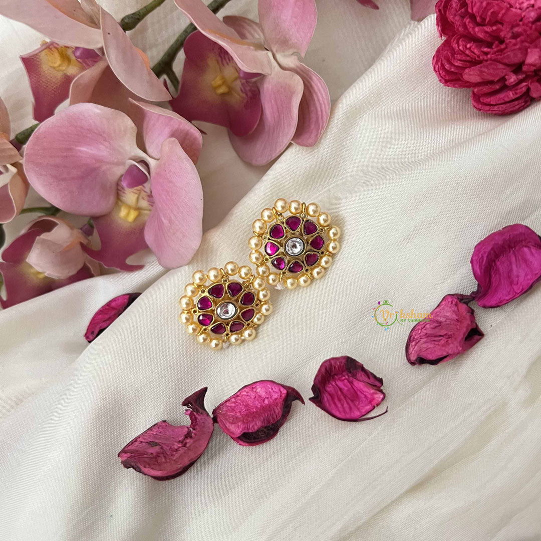 Vriksham Pearl-Edged  Kundan Jadau Studs Earring -Red White-J3647