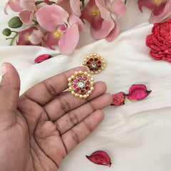 Vriksham Pearl-Edged  Kundan Jadau Studs Earring -Red White-J3647