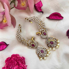 Vriksham Royal Peacock CZ & Red Ear Cuff with Matching Earrings With Ear Cuffs-G21428