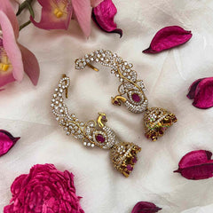 Vriksham Royal Peacock CZ & Red Ear Cuff with Matching Earrings With Ear Cuffs-G21428