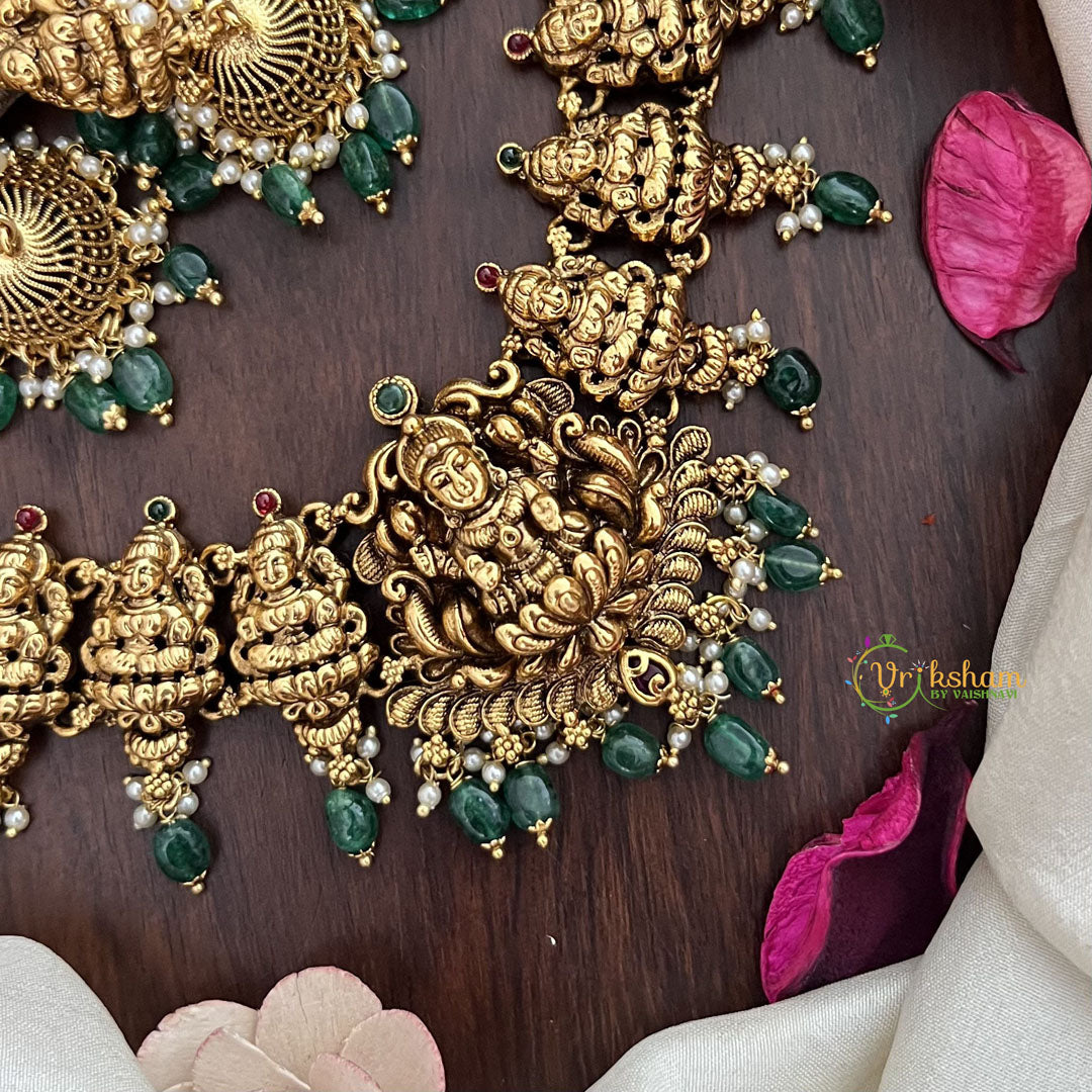 Vriksham Gold Look Alike Lakshmi Short Neckpiece-Green Bead-G17837