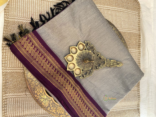 Grey With Grape Wine Border -Kalyani Cotton Saree - VS3740