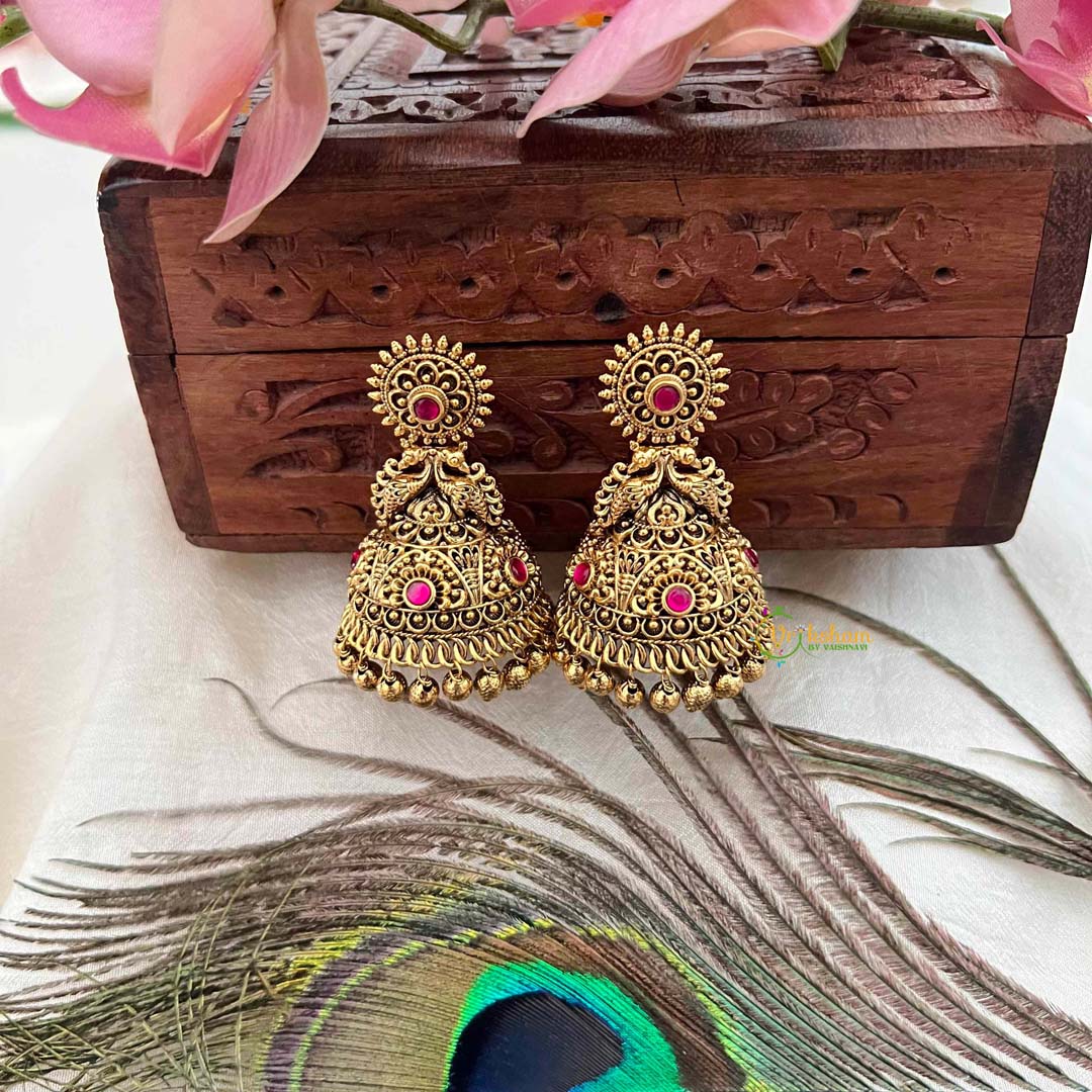 Vriksham Elegant Bell-Shaped Antique Gold With Pink Gemstone Accents Jhumka Earrings-Gold Bead-G21429
