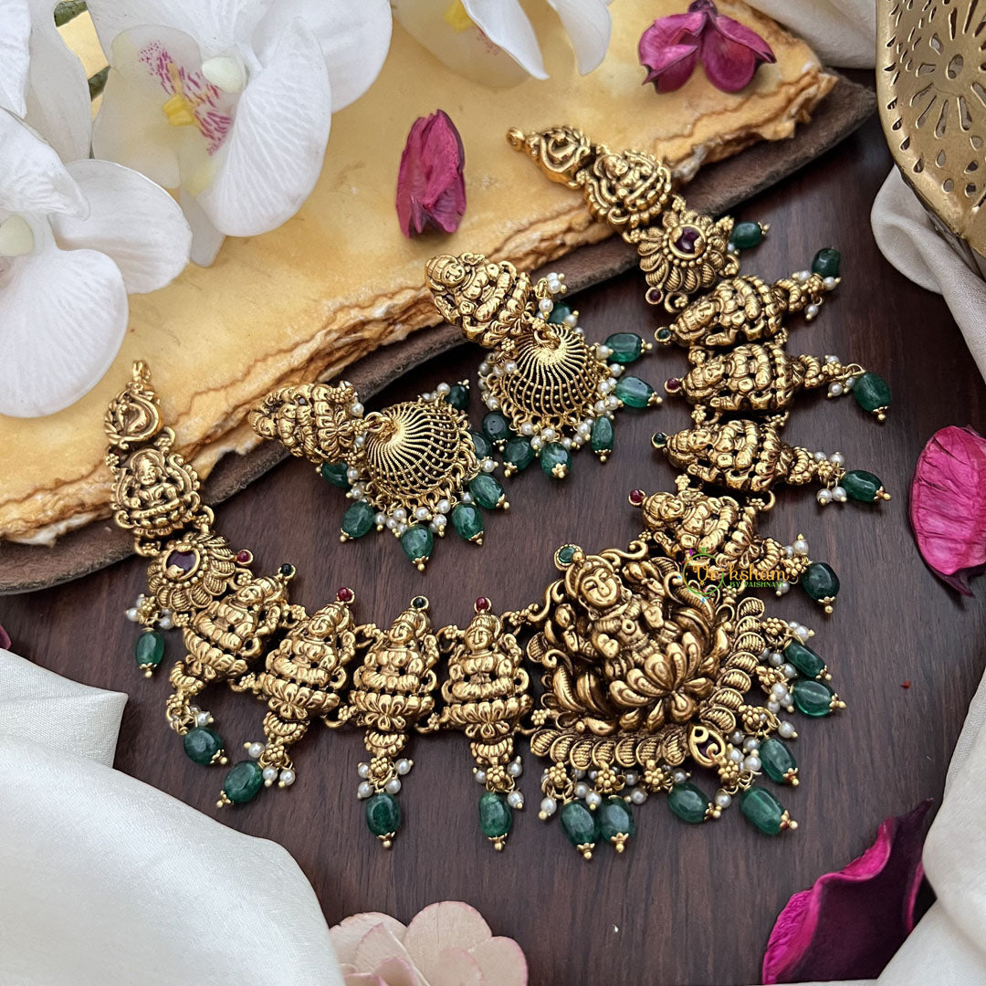 Vriksham Gold Look Alike Lakshmi Short Neckpiece-Green Bead-G17837