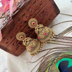 Vriksham Elegant Bell-Shaped Antique Gold With Pink Gemstone Accents Jhumka Earrings-Gold Bead-G21429