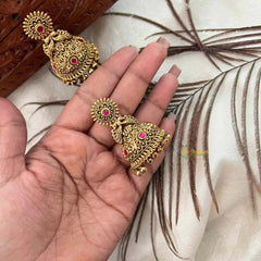 Vriksham Elegant Bell-Shaped Antique Gold With Pink Gemstone Accents Jhumka Earrings-Gold Bead-G21429