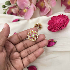 Vriksham Floral Kundan Jadau Studs Earrings-Red White-Pearl-J3651