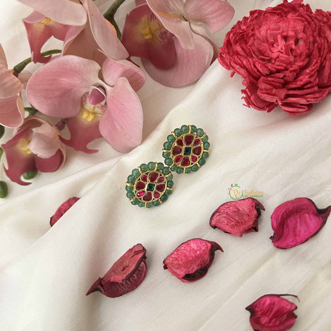 Vriksham Pearl-Framed  in Ruby & Green Floral Design Jadau Studs Earrings-J3652