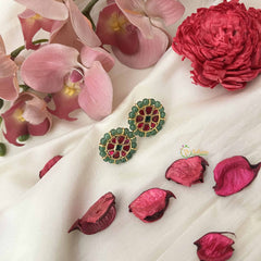 Vriksham Pearl-Framed  in Ruby & Green Floral Design Jadau Studs Earrings-J3652