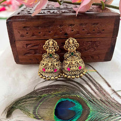 Vriksham Antique Gold Temple Lakshmi Jhumkas Earrings-Red Green-Gold Bead-G21432