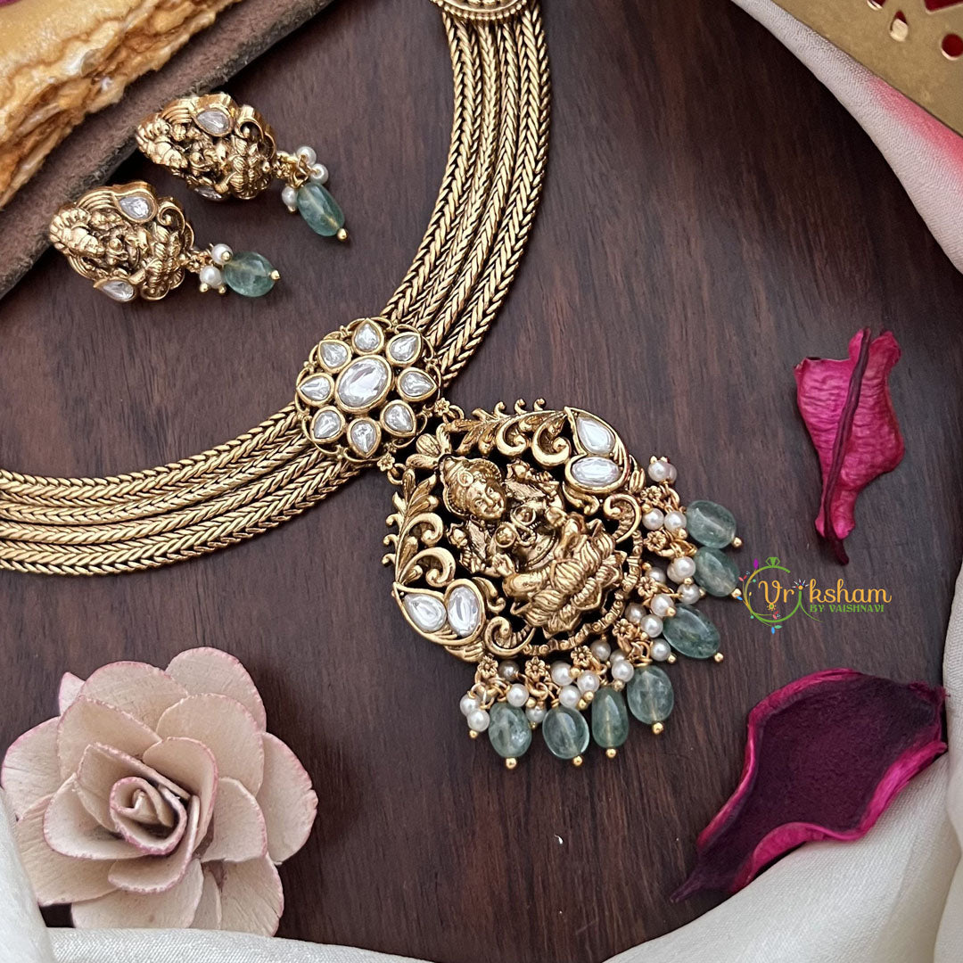 Vriksham Premium Lakshmi Pendant Jadau Addigai-White-Pastel Green Bead-G17854