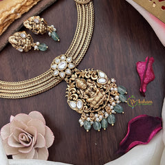 Vriksham Premium Lakshmi Pendant Jadau Addigai-White-Pastel Green Bead-G17854
