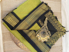 Olive With Black Border - Kalyani Cotton Saree - VS3749