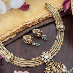 Vriksham Premium Lakshmi Pendant Jadau Addigai-White-Pastel Green Bead-G17854