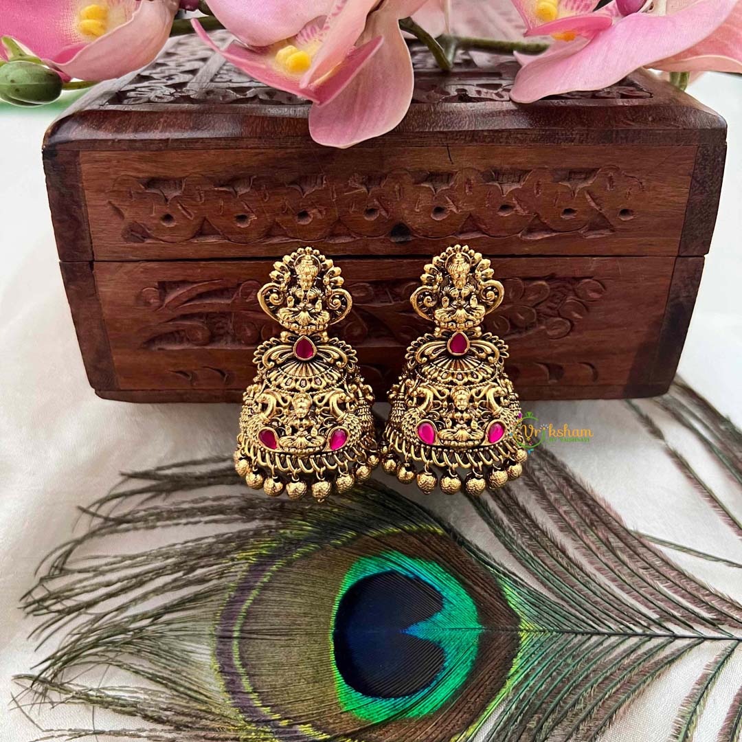 Vriksham Antique Gold Temple Lakshmi Jhumkas Earrings-Red-Gold Bead-G21431