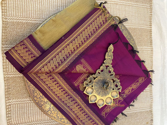 Golden With Purple Border - Kalyani Cotton Saree - VS3748