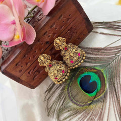 Vriksham Antique Gold Temple Lakshmi Jhumkas Earrings-Red-Gold Bead-G21431