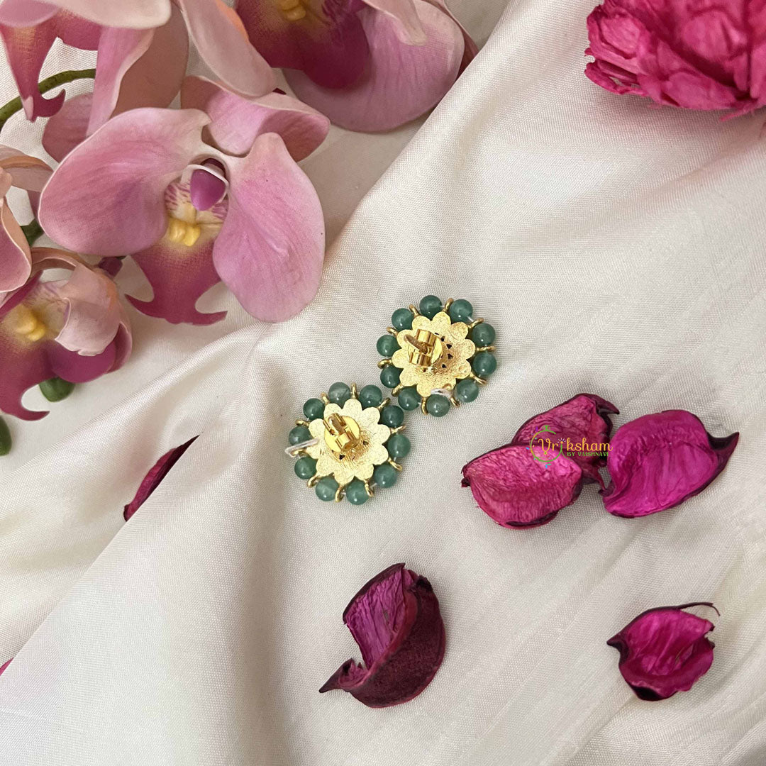 Vriksham Floral Elegance  Kundan Jadau & Mint Green Beaded Stud Earrings-J3655