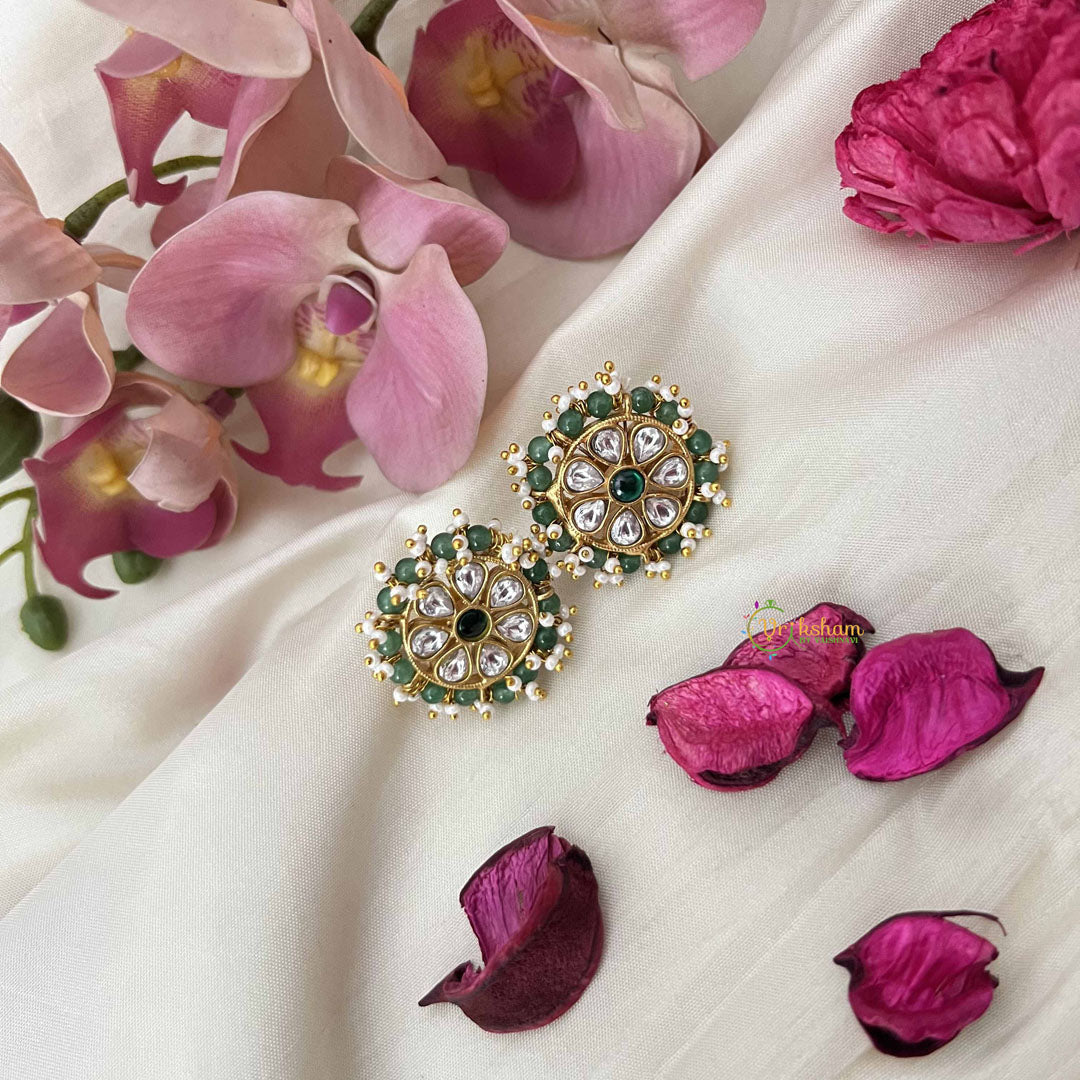 Vriksham Pearl-Framed Floral Elegance  Kundan Jadau & Mint Green Beaded Stud Earrings-J3656