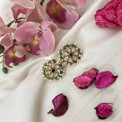 Vriksham Pearl-Framed Floral Elegance  Kundan Jadau & Mint Green Beaded Stud Earrings-J3656