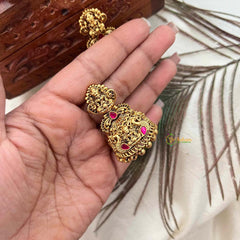 Vriksham Antique Gold Temple Lakshmi Jhumkas Earrings-Red-Gold Bead-G21431