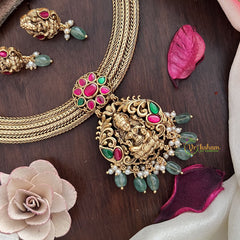 Vriksham Premium Lakshmi Pendant Jadau Addigai-Red Green-Pastel Green Bead-G17826