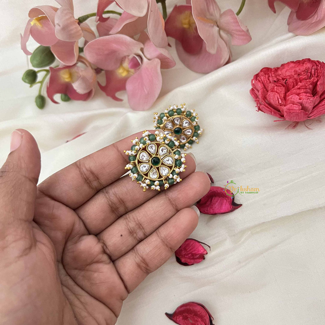 Vriksham Pearl-Framed Floral Elegance  Kundan Jadau & Mint Green Beaded Stud Earrings-J3656
