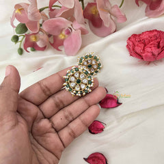 Vriksham Pearl-Framed Floral Elegance  Kundan Jadau & Mint Green Beaded Stud Earrings-J3656