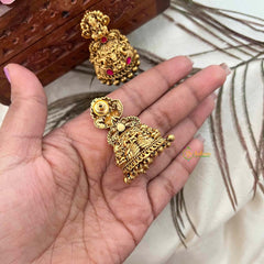 Vriksham Antique Gold Temple Lakshmi Jhumkas Earrings-Red-Gold Bead-G21431