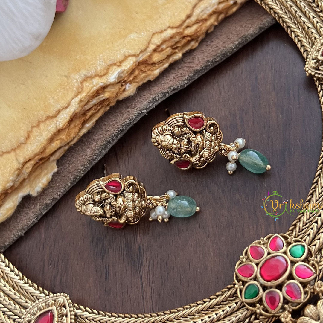Vriksham Premium Lakshmi Pendant Jadau Addigai-Red Green-Pastel Green Bead-G17826
