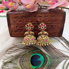 Vriksham Classic Gold Temple Floral Jhumkas Earrings-Red Green-Gold Bead-G21433