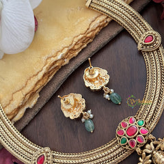 Vriksham Premium Lakshmi Pendant Jadau Addigai-Red Green-Pastel Green Bead-G17826