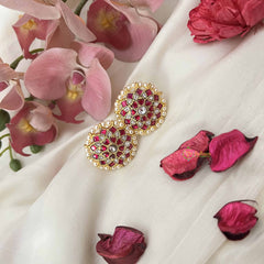 Vriksham Pearl-Framed Sun Floral Elegance  Kundan Jadau Stud Earrings-Red White-J3657