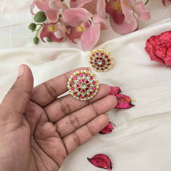 Vriksham Pearl-Framed Sun Floral Elegance  Kundan Jadau Stud Earrings-Red White-J3657