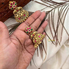 Vriksham Classic Gold Temple Floral Jhumkas Earrings-Red Green-Gold Bead-G21433