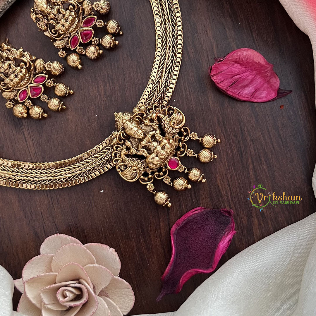 Vriksham Premium Lakshmi Dual Peacock Jadau Addigai-Red-Gold Bead-G17822