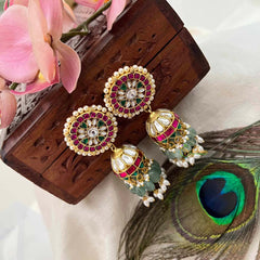 Vriksham Antique Floral Kundan Jadau Jhumka-Red Green & White-Green Bead & Rice Pearls-J4073