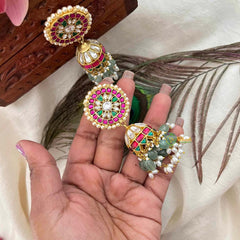 Vriksham Antique Floral Kundan Jadau Jhumka-Red Green & White-Green Bead & Rice Pearls-J4073